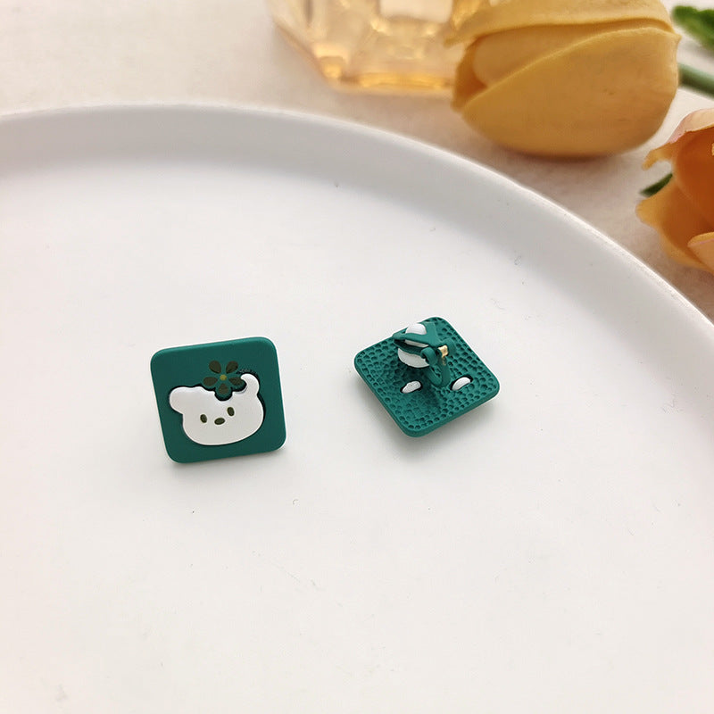 BJ6626原創設計可愛方形小熊撞色花朵S925銀針耳釘223.06.09