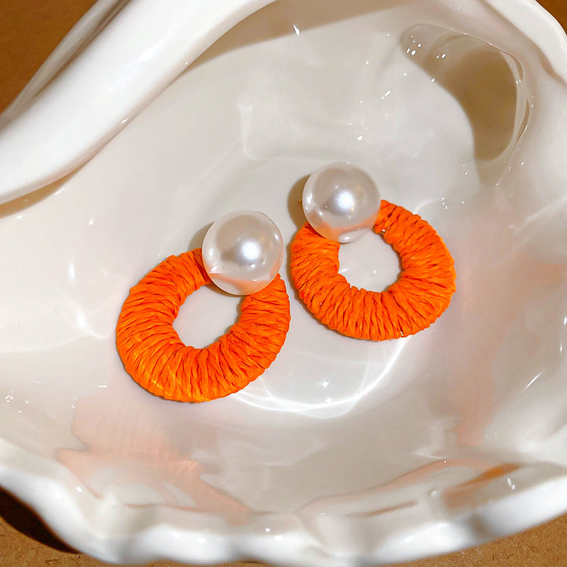 EA1999復古橙色拉菲草編織橢圓珍珠銀針耳釘2024.08.30