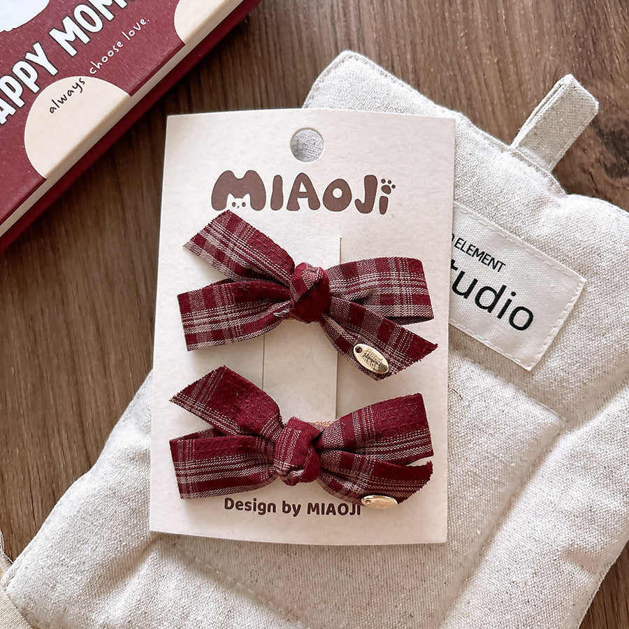 CD1152甜美韓版格紋百搭酒紅色布藝蝴蝶結兒童髮夾2024.12.06