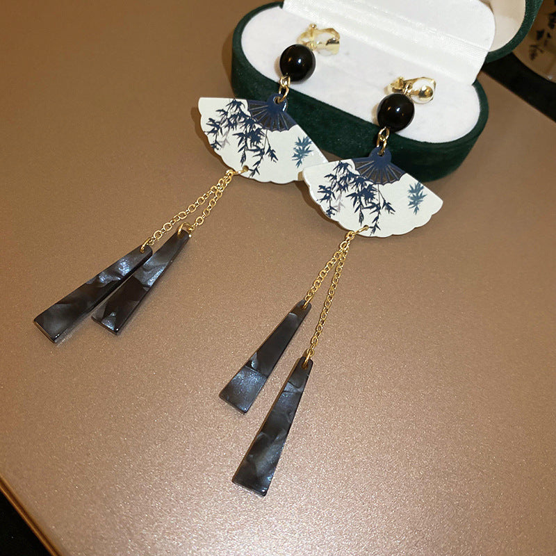 EJ9846新中式扇子樹脂流蘇耳鉤復古長款耳環2024.06.14