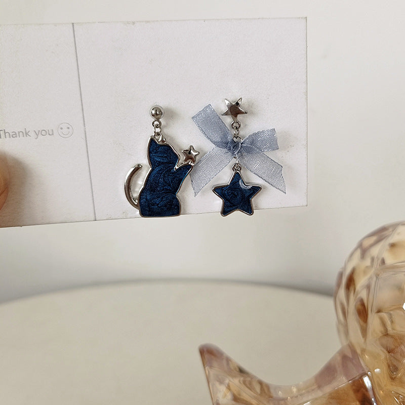 BM5203自主設計不對稱猫咪星星蝴蝶結S925銀針耳釘2023.05.19