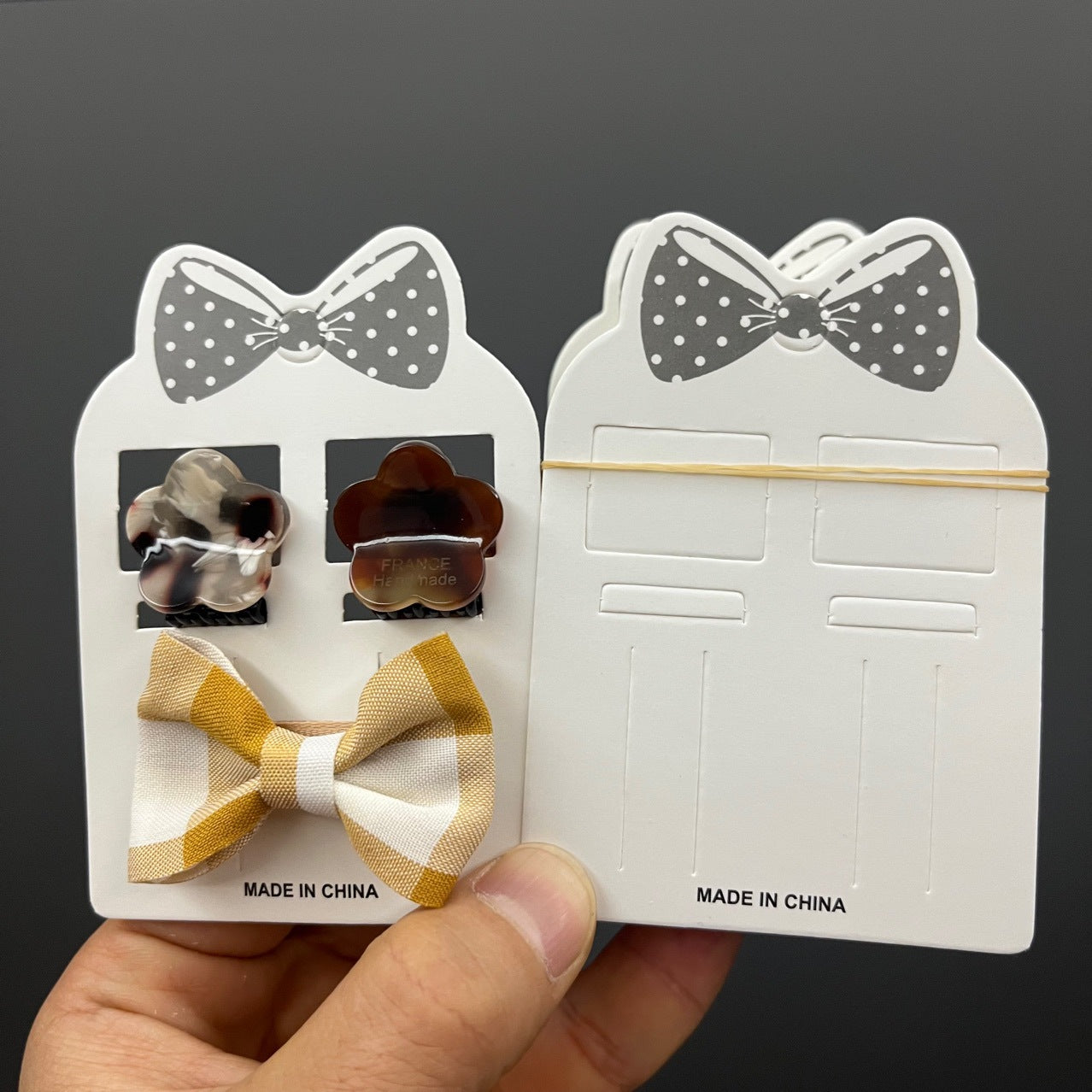 KP8666髮飾配件- 韓版灰色大領結抓夾髮夾套裝包裝卡紙