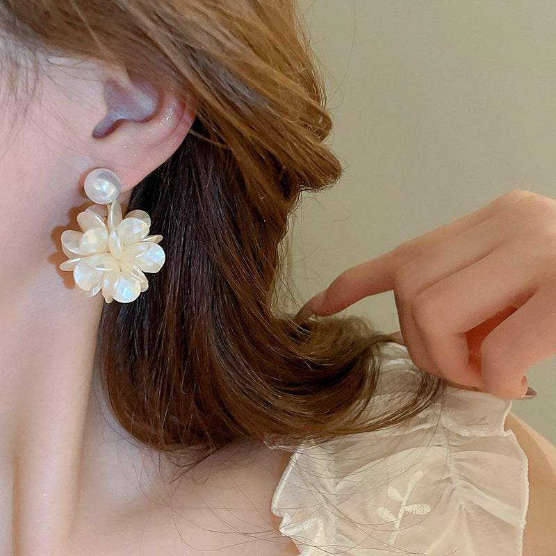 EA1857法式百搭山茶花球珍珠銀針耳釘2024.08.16