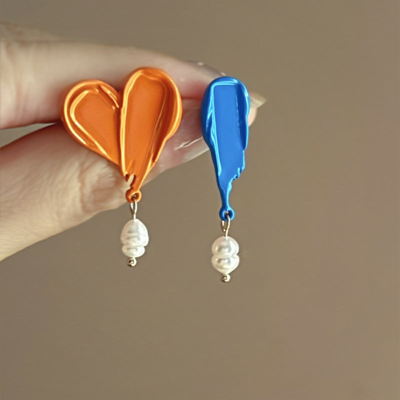 EA1863不對稱復古油畫筆墨珍珠銀針耳釘2024.08.09