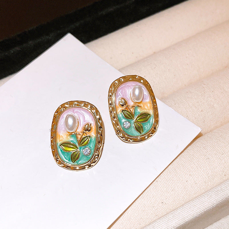 EN0333法式復古宮廷風橢圓花朵珍珠莫奈花園銀針耳釘2024.05.31