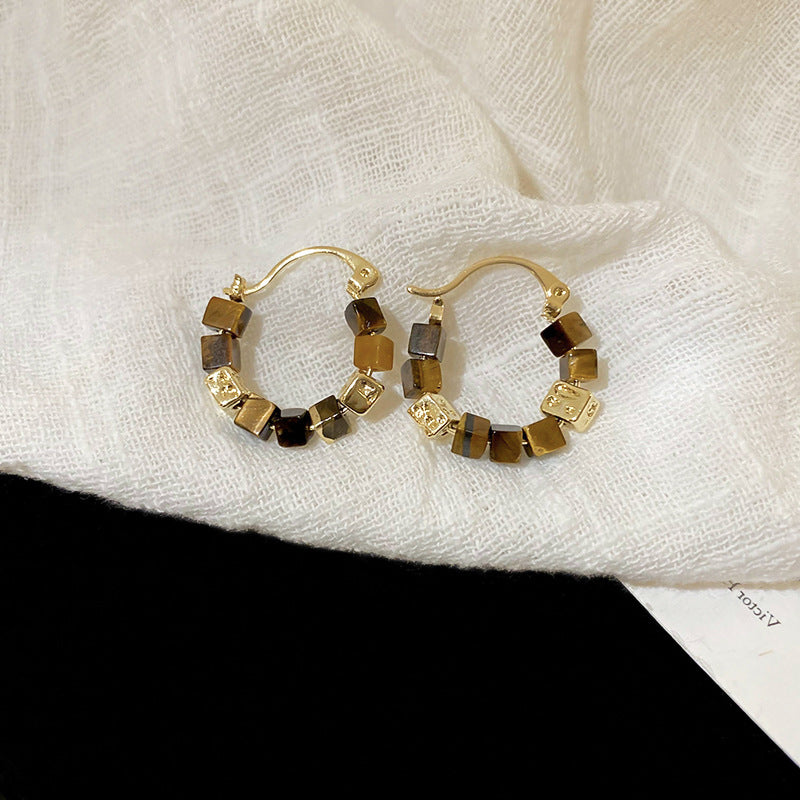 EJ1117氣質復古方形虎眼石串珠耳環2024.06.21