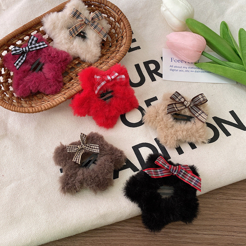 CD1216秋冬毛絨鏤空星星格紋蝴蝶結髮夾2023.12.29