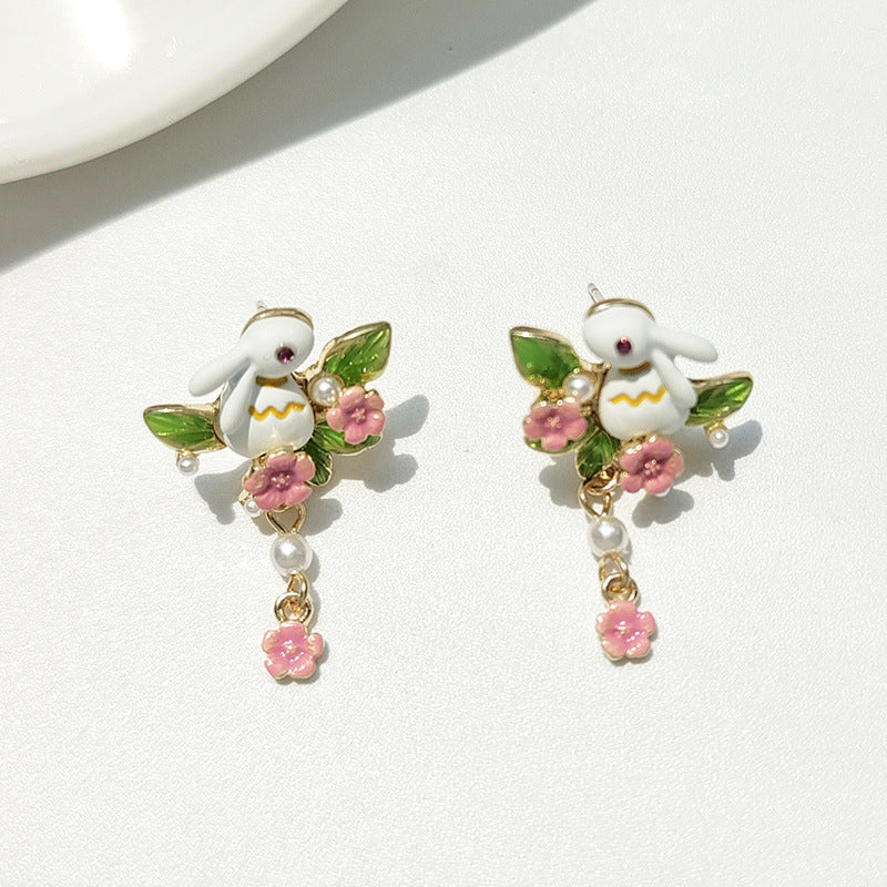 BD7729原創ins風粉色花朵少女感兔子S925銀針耳釘2024.12.03