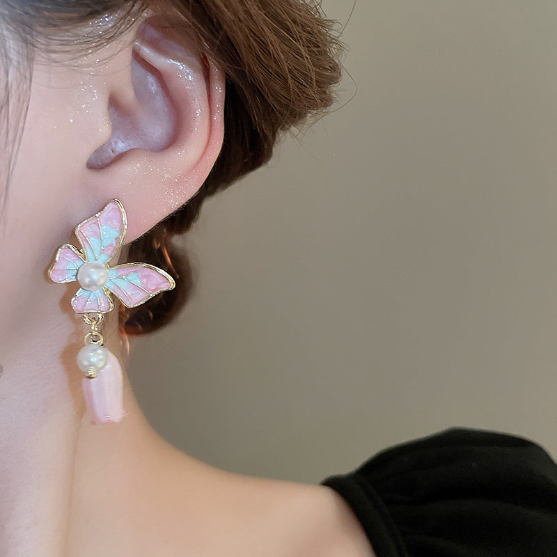 EK0801漸變滴油蝴蝶珍珠銀針耳環2024.07.02