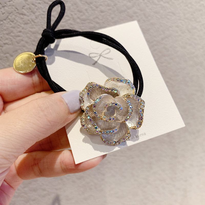 AA0577經典小香風髮繩淑女輕奢水鑽山茶花髮圈2023.04.11