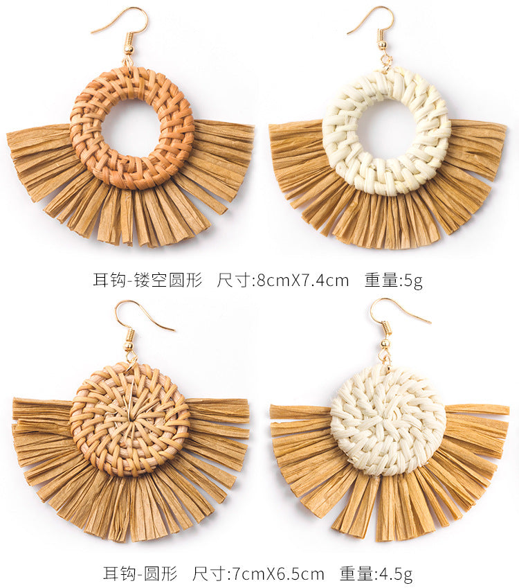 HM1964手工編織藤編度假風扇形拉菲草耳環2024.03.05