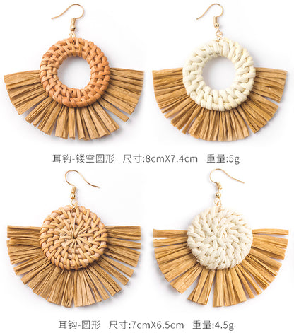 HM1964手工編織藤編度假風扇形拉菲草耳環2024.03.05