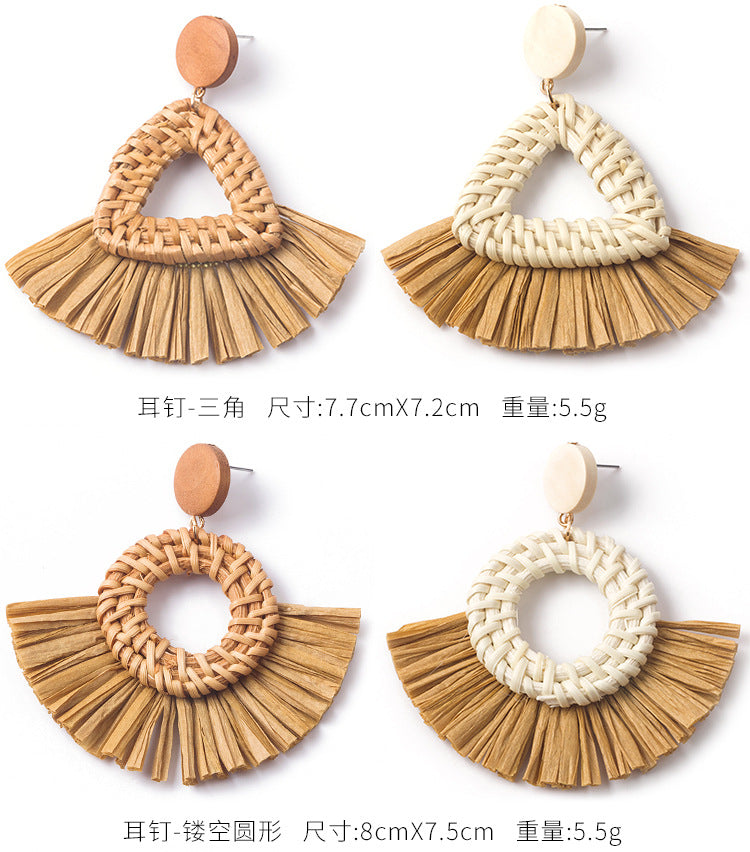 HM1964手工編織藤編度假風扇形拉菲草耳環2024.03.05