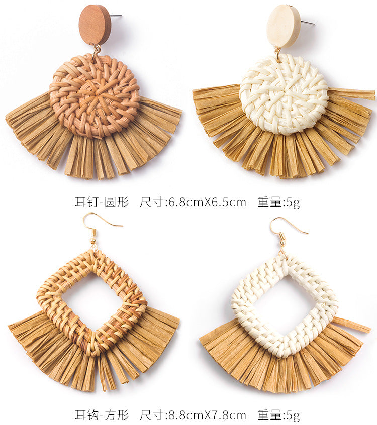 HM1964手工編織藤編度假風扇形拉菲草耳環2024.03.05