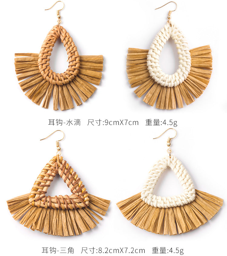 HM1964手工編織藤編度假風扇形拉菲草耳環2024.03.05