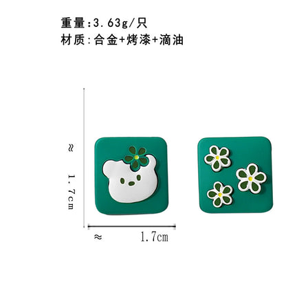BJ6626原創設計可愛方形小熊撞色花朵S925銀針耳釘223.06.09