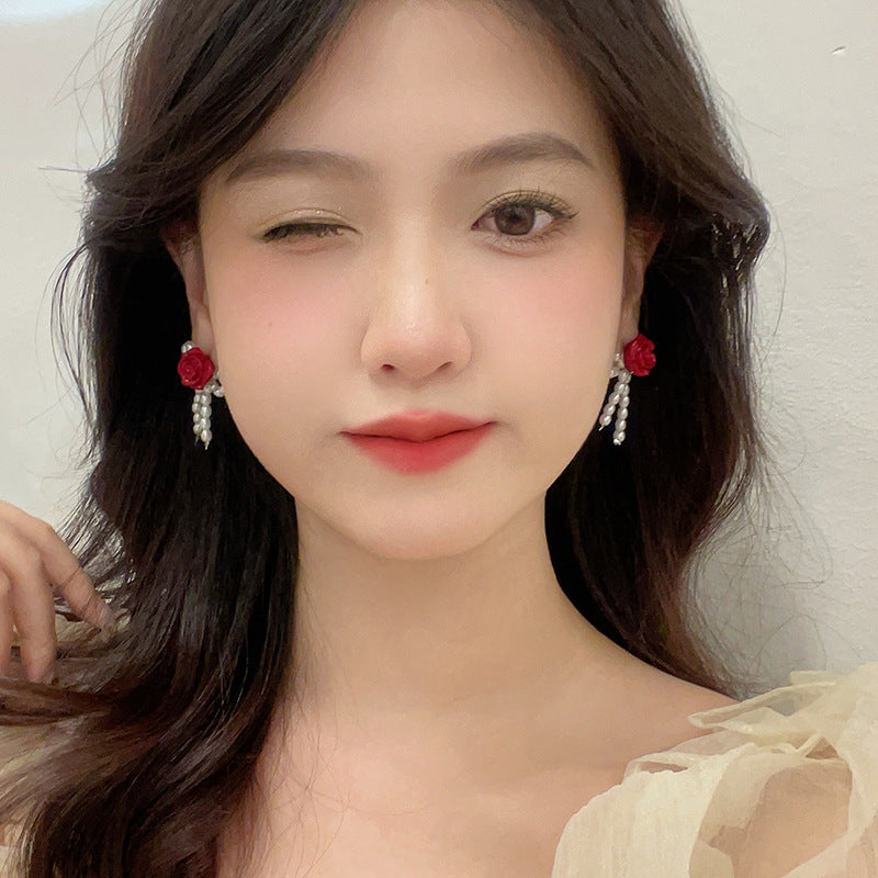 BJ6774唯美紅色花朵耳釘珍珠蝴蝶結S925銀針耳環2025.07.22