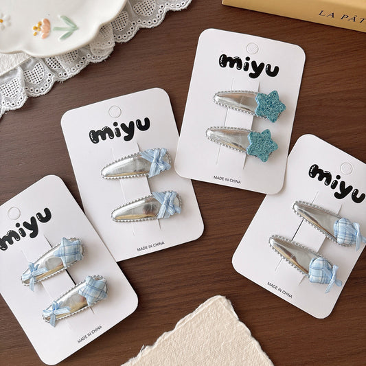 CA0440韓版甜美百搭銀色皮質藍色星星亮片兒童髮夾2026.04