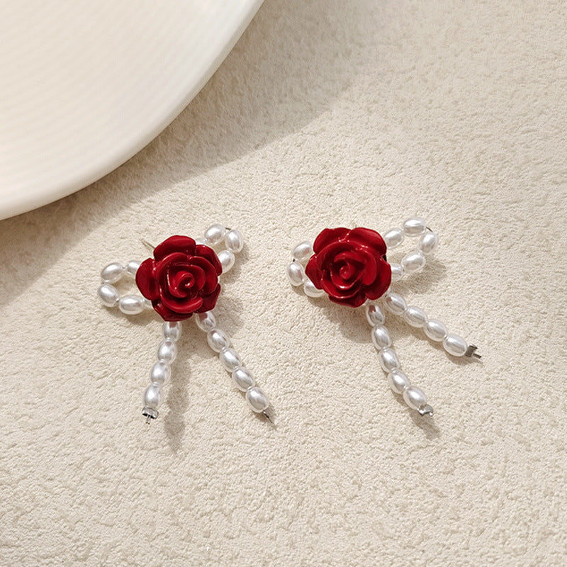 BJ6774唯美紅色花朵耳釘珍珠蝴蝶結S925銀針耳環2025.07.22