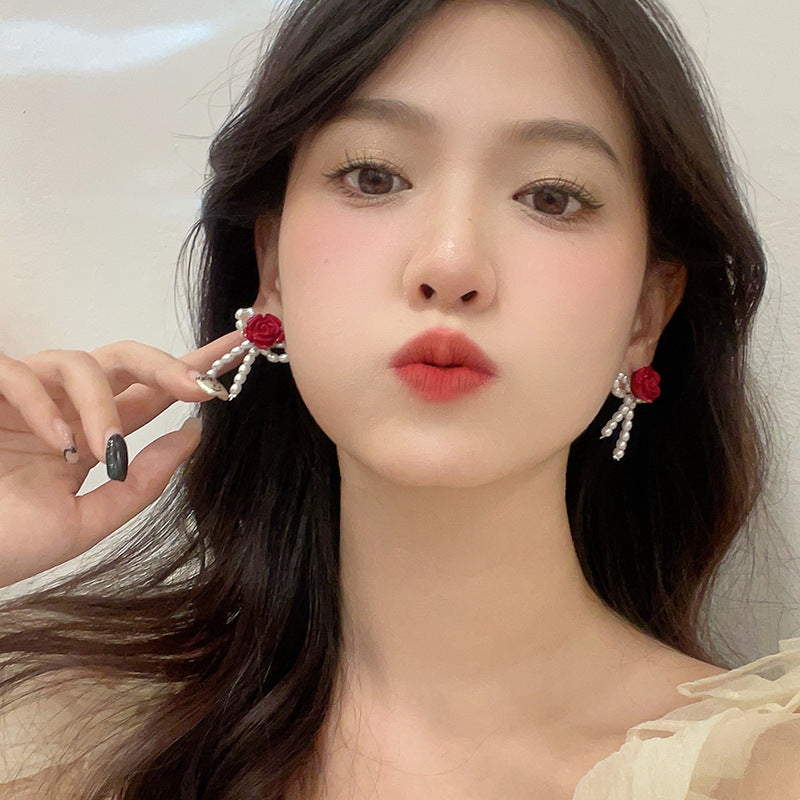 BJ6774唯美紅色花朵耳釘珍珠蝴蝶結S925銀針耳環2025.07.22