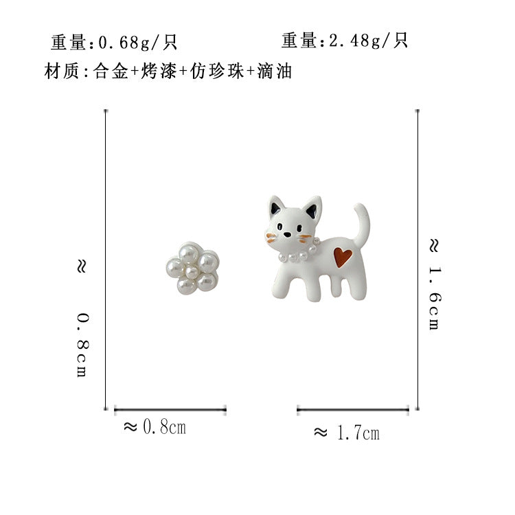 BM5868自主設計可愛不對稱小猫咪珍珠花朵S925銀針耳釘2023.05.16