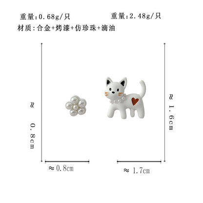 BM5868自主設計可愛不對稱小猫咪珍珠花朵S925銀針耳釘2023.05.16