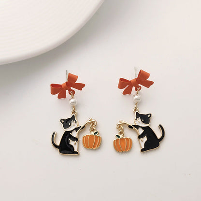 BA5988自主設計小猫咪蝴蝶結南瓜燈籠S925銀針耳釘2023.08.15