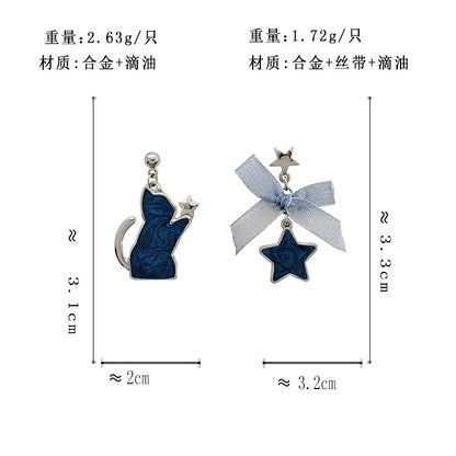 BM5203自主設計不對稱猫咪星星蝴蝶結S925銀針耳釘2023.05.19