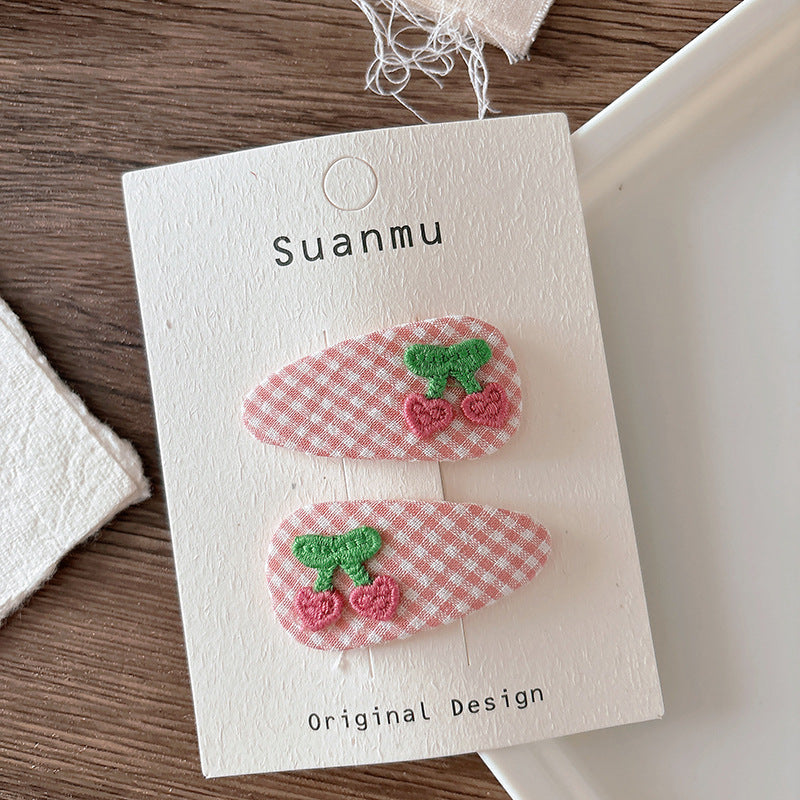 CJ0730韓版甜美百搭布藝格紋兒童刺繡可愛櫻桃髮夾2025.07.25