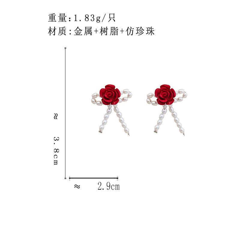 BJ6774唯美紅色花朵耳釘珍珠蝴蝶結S925銀針耳環2025.07.22