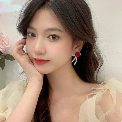 BJ6774唯美紅色花朵耳釘珍珠蝴蝶結S925銀針耳環2025.07.22
